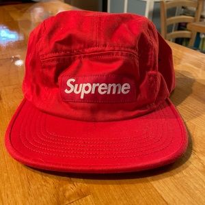 Supreme 5 panel hat. Red. Leather strap back